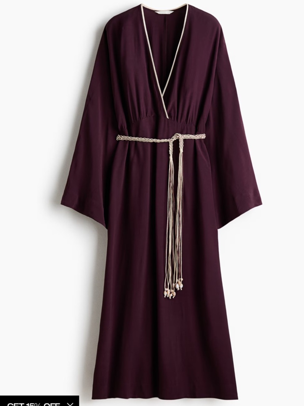 H&M Burgundy Satin Maxi Wrap Dress Tie Waist Tassel Boho Flowy Evening Dress XL